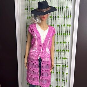 Fantazia Hot Pink Loose Weave Long Vest Boho